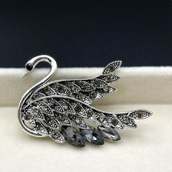 Silver with Champagne Topaz and Gray Crystal Graceful Swan Pin Back Brooch - Picture 3 of 7